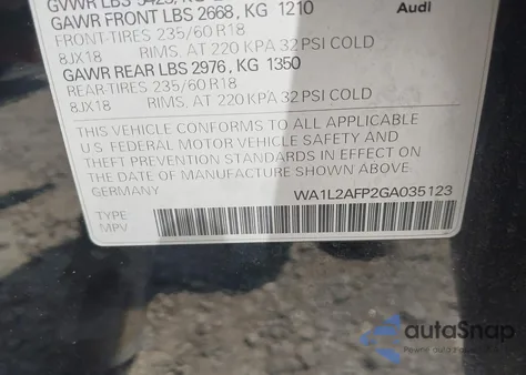 2016 Audi Q5 2.0T Premium z USA, uszkodzony, nr VIN WA1L2AFP2GA035123